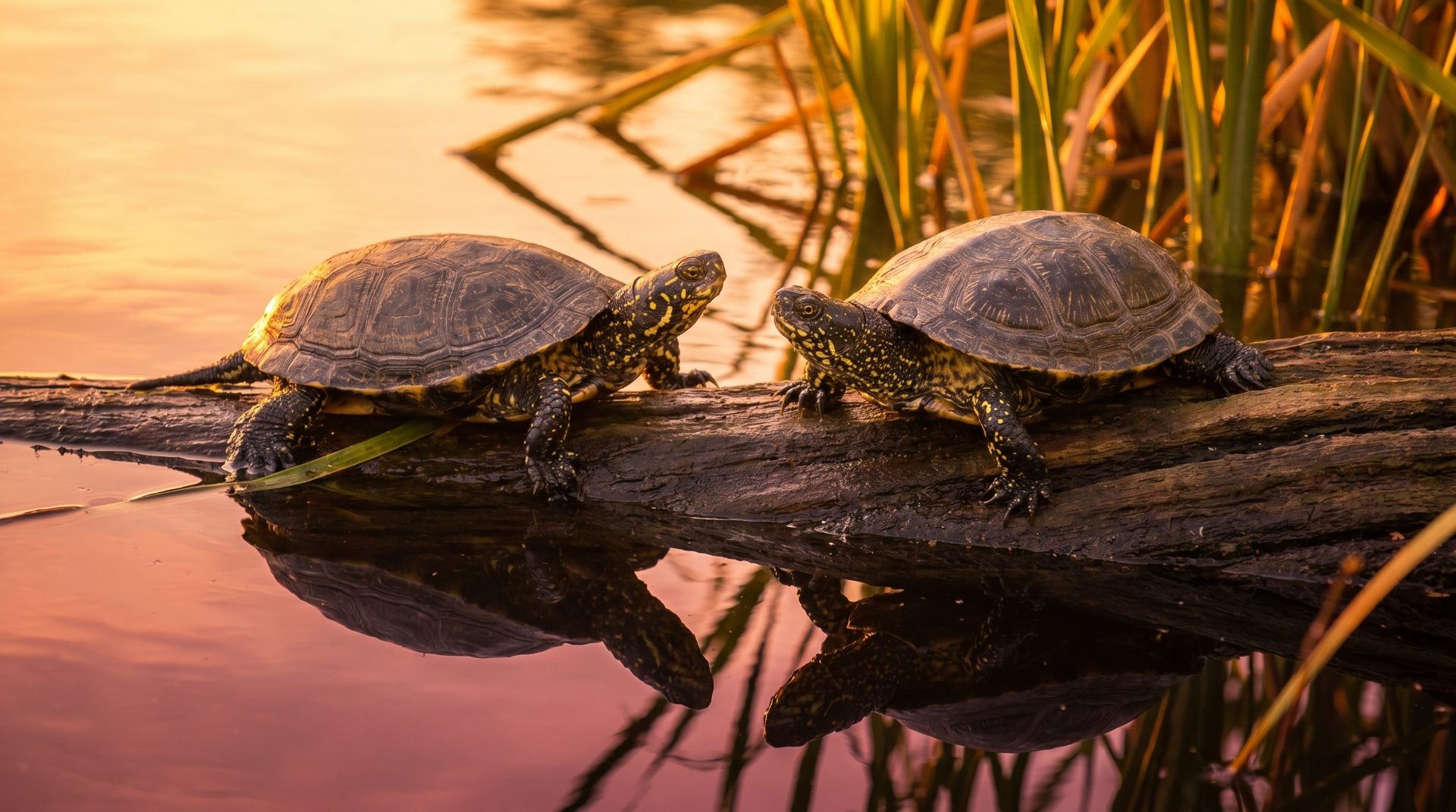 Tortues cistudes au coucher du soleil sur le delta du Fangu